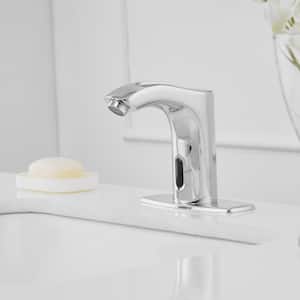 Battery Powered Touchless Single Hole Bathroom Faucet With Deckplate Included and Pop Up Drain In Polished Chrome