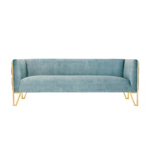 Vector 81.5 in. Square Arm Velvet Straight 3-Seat Sofa in Ocean Blue and Gold