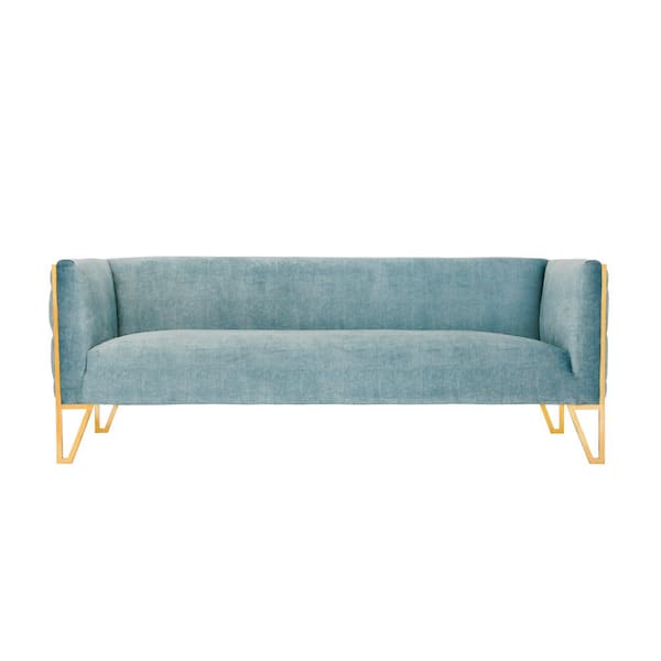 Manhattan Comfort Vector 81.5 in. Square Arm Velvet Straight 3-Seat Sofa in Ocean Blue and Gold