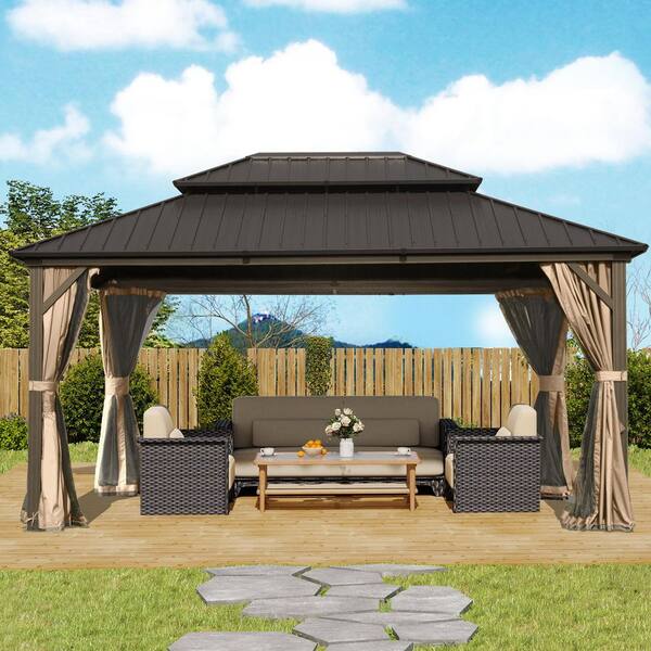 12 ft. x 16 ft. Brown Hardtop Gazebo, Aluminum Metal Gazebo with Galvanized Steel Double Roof Canopy,Curtain and Netting