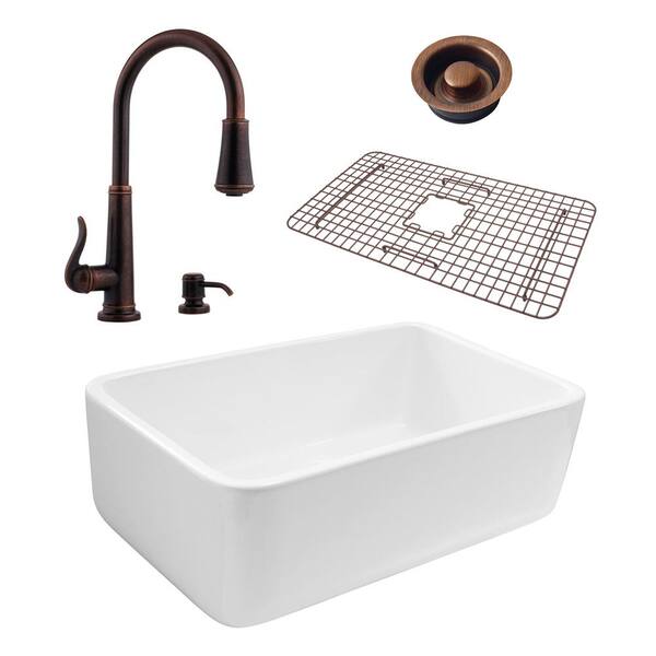 SINKOLOGY Bradstreet All-In-One Reversible Farmhouse Fireclay 30.5 in. Kitchen Sink with Pfister Faucet and Drain