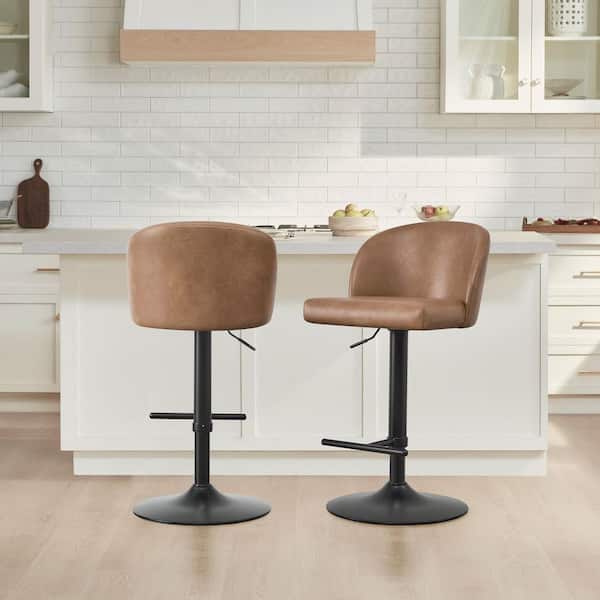 Levi Camel/Black Gas Lift Adjustable Swivel Counter Stool with Upholstered Backrest for Kitchen or Home Bar (Set of 2)