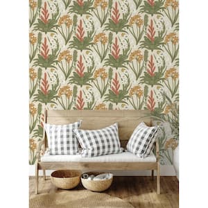 Linen and Green Blooming Villa Vinyl Matte Peel and Stick Wallpaper