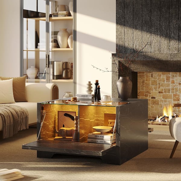 Bestier 31.5 in. Black Marble Square Wood Coffee Table with LED Light and 4-Storage Cabinets