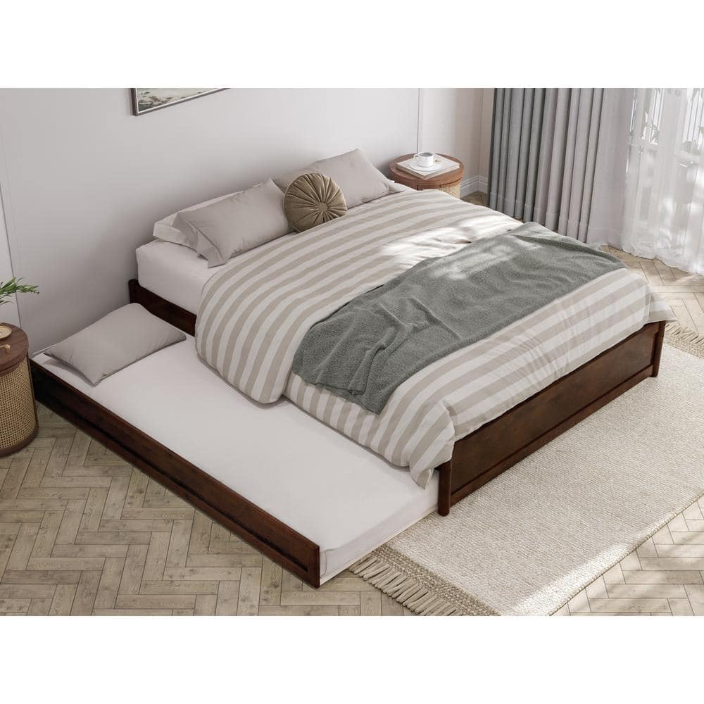 Barcelona Queen Walnut Wood Platform Bed with Twin XL Trundle