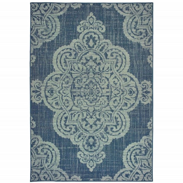 Blue 7 ft. x 10 ft. Loomed Oriental Polypropylene Rectangle Indoor/Outdoor Area Rug