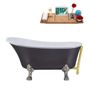 55 in. Acrylic Clawfoot Non-Whirlpool Bathtub in Matte Grey With Brushed Nickel Clawfeet And Brushed Gold Drain