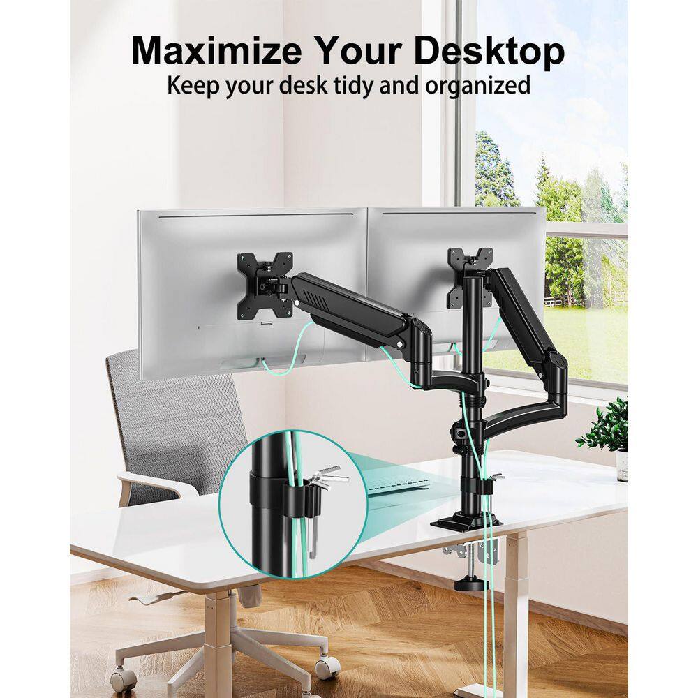 Ergonomic Dual Monitor Stand Adjustable Gas Spring Desk Mount for 2 Screens Up to 32in 4.4-22lbs Black - Thumbnail 2