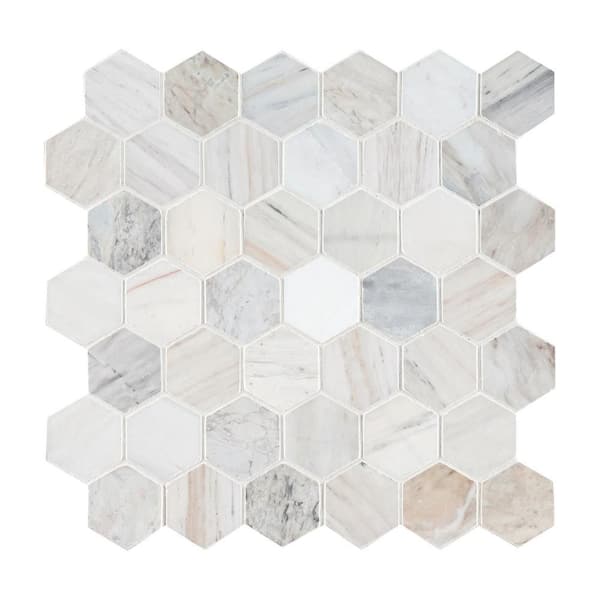 Angora 2 in.Hexagon 12 in. x 12 in. x 0.38 in.Polished Marble Mesh-Mounted Mosaic Floor and Wall Tile (9.8 sq. ft./Case)