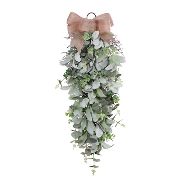 Puleo International 30 in. Front Door Swag with Burlap Bow and Lambs Ear and Greenery Leaves