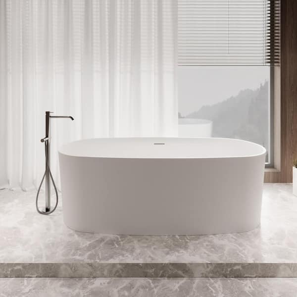 67 in. x 31 in. NS5800CH Stone Resin Freestanding Soaking Bathtub in Matte White with Polished Chrome Drain, Bamboo Tray