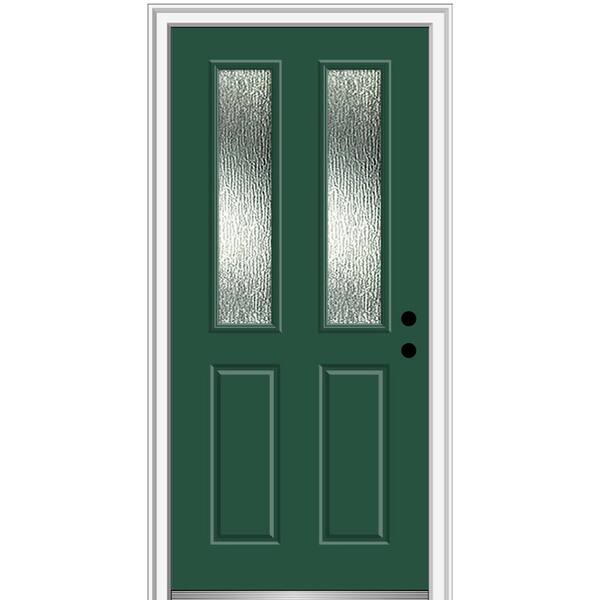 MMI Door 30 in. x 80 in. Left-Hand Inswing Rain Glass Hunter Green Fiberglass Prehung Front Door on 4-9/16 in. Frame