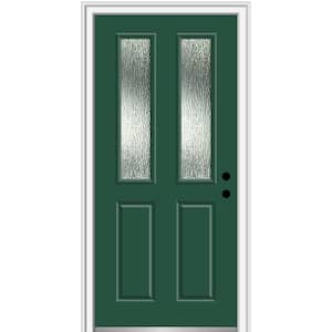 34 in. x 80 in. Left-Hand/Inswing Rain Glass Hunter Green Fiberglass Prehung Front Door on 4-9/16 in. Frame