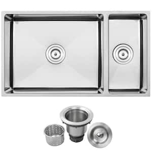 Pacific Undermount Stainless Steel 16-Gauge 31.25 in. Double Basin Kitchen Sink with Basket Strainer