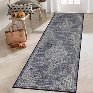 Vintage Blue 2 ft. 3 in. x 7 ft. 3 in. Medallion Oriental Boho Waterproof Rectangular Outdoor Area Rug