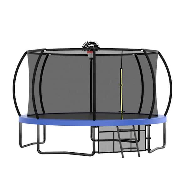 Unbranded 12 ft. Outdoor Recreational Trampoline with Basketball Hoop Enclosure Net Ladder for Kids Adults for Garden, Blue