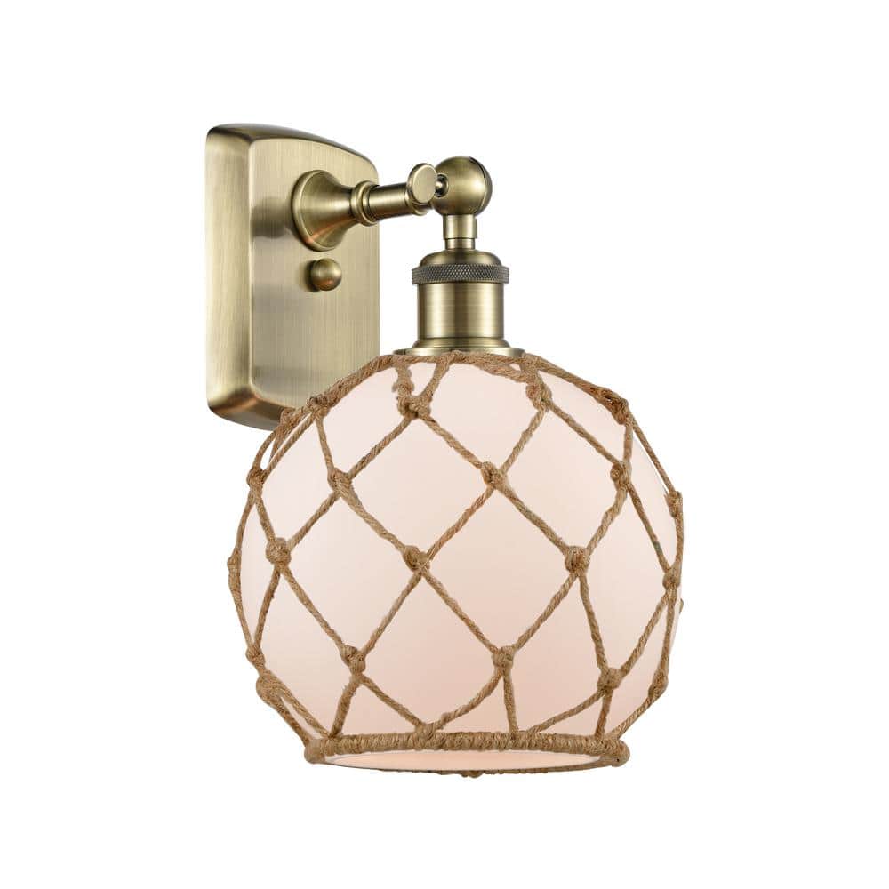 Farmhouse Rope 1-Light Antique Brass, White Glass with Brown Rope Wall Sconce with White Glass Shade price history on PriceWatchPro