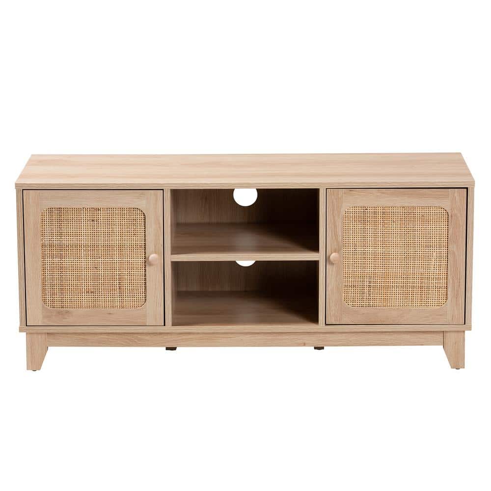 Elsbeth Light Brown Wood and Natural Rattan TV Stand with Cabinet