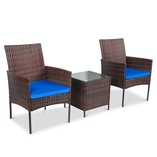 Pyramid Home Decor Alvino 3-Piece Wicker Rattan Outdoor Patio Bistro Set, Chairs with Thick Dark Blue Cushion and Glass Top Coffee Table