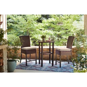 Harper Creek 3-Piece Brown Steel Outdoor Patio Bar Height Dining Set with CushionGuard Putty Tan Cushions