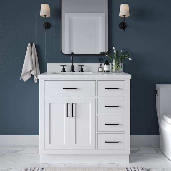 ARIEL Hepburn 37 in. W x 22 in. D x 36 in. H Bath Vanity in White with White Pure Quartz Vanity Top with White Basin