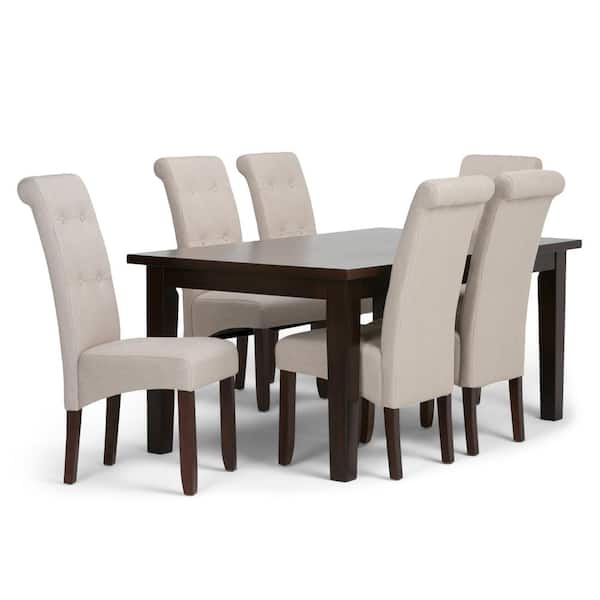 Simpli Home Cosmopolitan 7-Piece Dining Set with 6 Upholstered Dining Chairs in Natural Linen Look Fabric and 66 in. Wide Table
