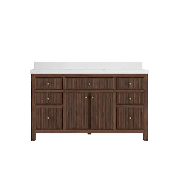 Willow Collections Sonoma Teak 60 in. Single Sink Freestanding Dark Walnut Bath Vanity with White Quartz Top Unassembled