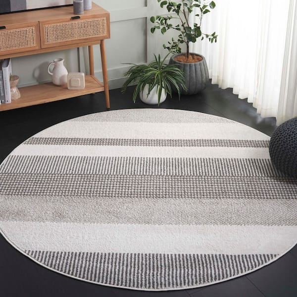Pyramid 7 ft. x 7 ft. Ivory/Gray Solid Striped Round Area Rug
