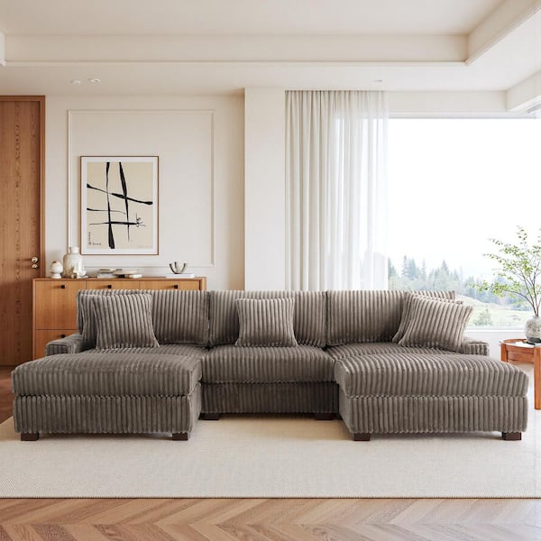 118 in. W Modern Square Arm 5-Piece Faux Rabbit Fur Fabric U-Shaped Modular Sectional Sofa in. Light Brown