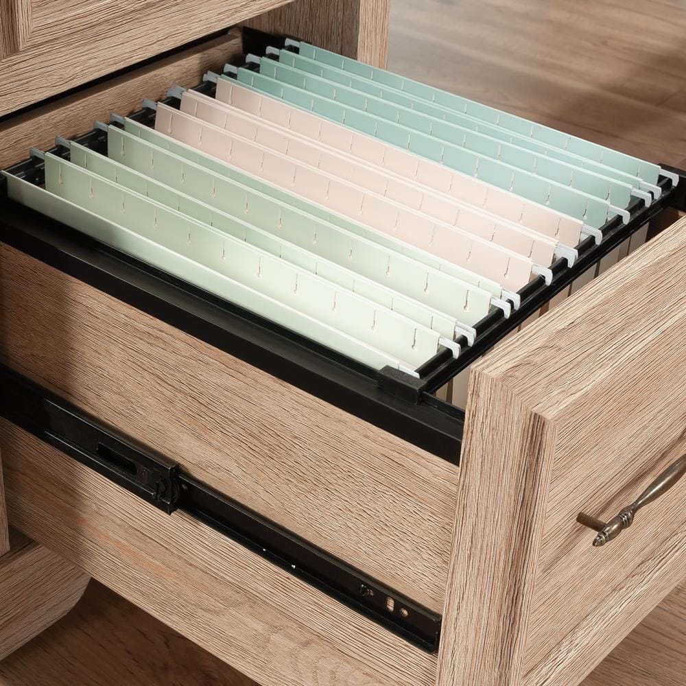 Brushed Oak L-Shaped Executive Desk with Drawers and Keyboard Tray