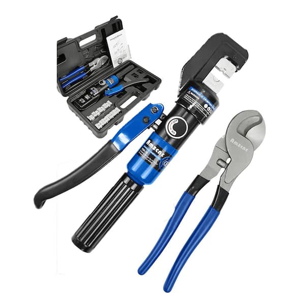12 in. Hydraulic Crimping and Cable Cutter Tool Kit with 8 Ton Crimping Range 12 AWG to 00 AWG and 9 Hex Dies, Blue