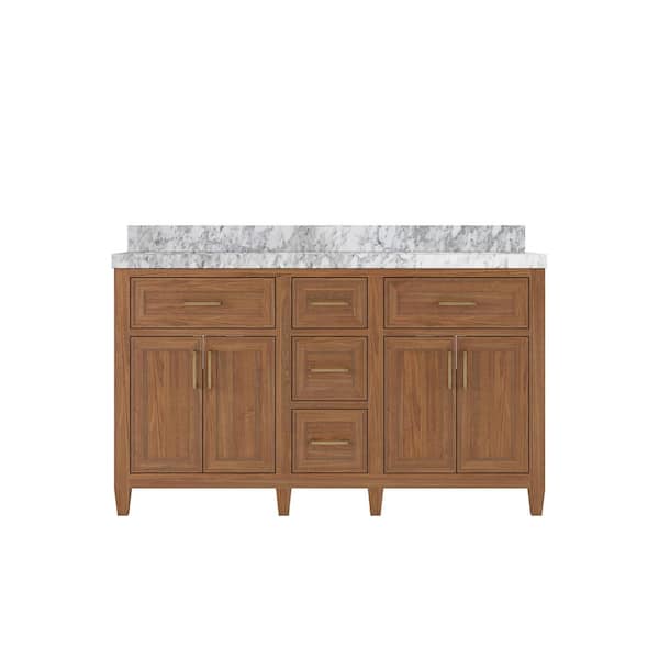 Willow Collections Santa Monica 60 in. W x 22 in. D x 36 in. H Double Sink Bath Vanity in Dark Natural with 2 in. Carrara Marble Top