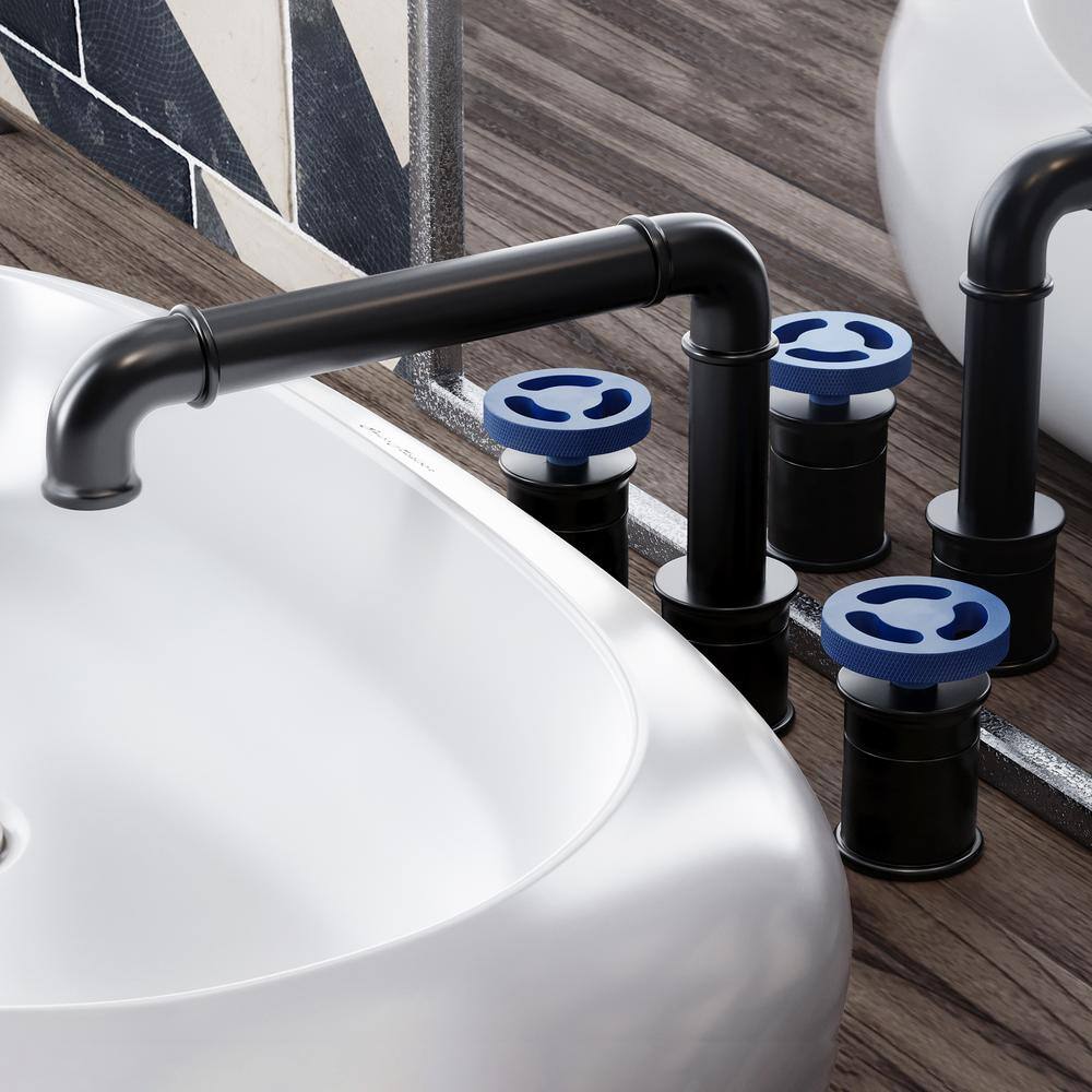 Swiss Madison Avallon Matte Black 8" Widespread Bathroom Faucet with Blue Handles