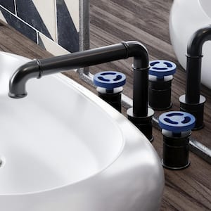 Avallon 8 in. Widespread Double Handle Bathroom Faucet in Matte Black with Blue Handles