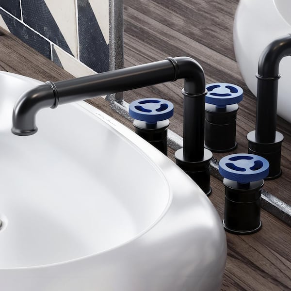 Swiss Madison Avallon 8 in. Widespread Double Handle Bathroom Faucet in Matte Black with Blue Handles