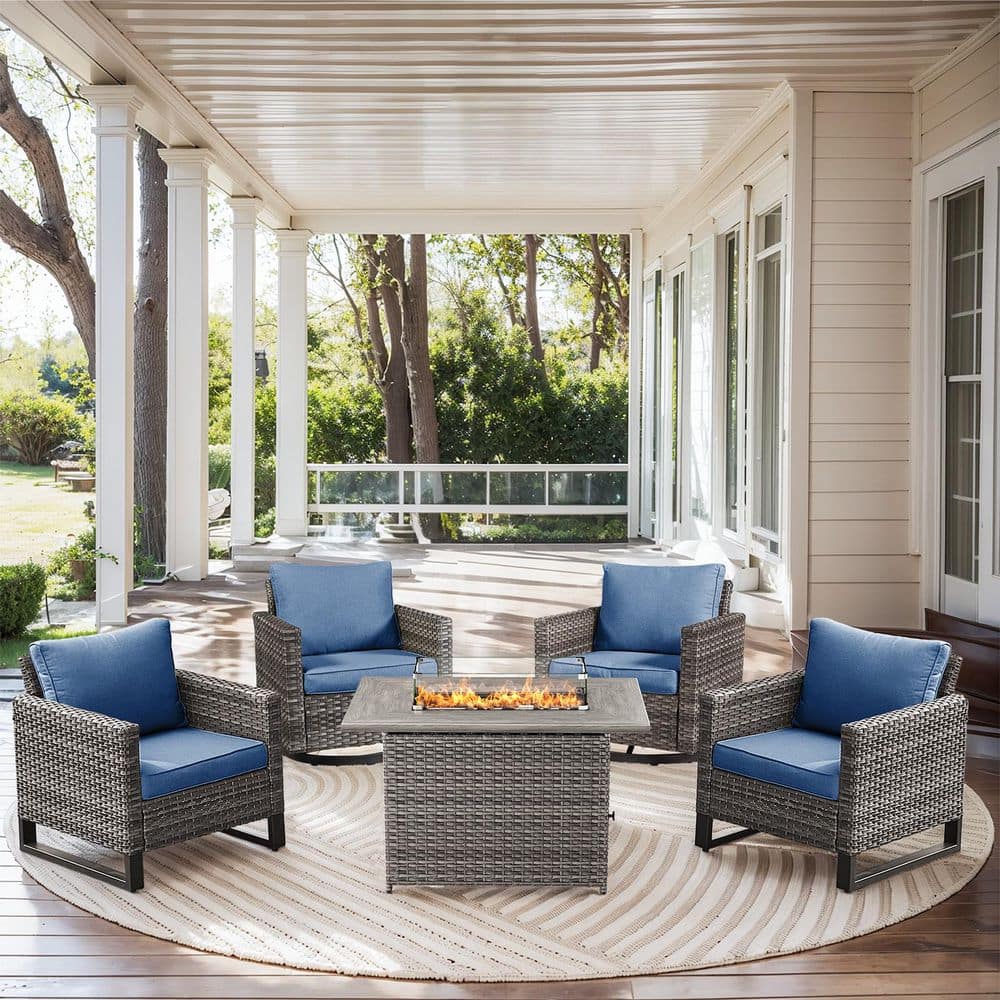 U-Frame 5-Piece Gray Wicker Fire Pit Conversation Set with Olefin Blue Cushions and Rectangle Fire Pit Table price history on PriceWatchPro