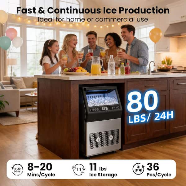 14.17 in. 80 lb./24H Full Size Cubes Freestanding/Built-In Ice Maker in Stainless Steel with Dual Water Supply Options