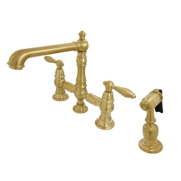 Kingston Brass English Country 2-Handle Bridge Kitchen Faucet with Side Sprayer in Brushed Brass