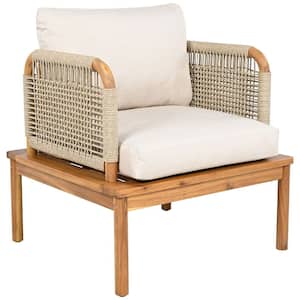 1-Piece 28.8 in. W x 26.8 in. D x 27 in. H Teak Acacia Wood and Wicker Outdoor Lounge Chair with Beige Cushion for Patio