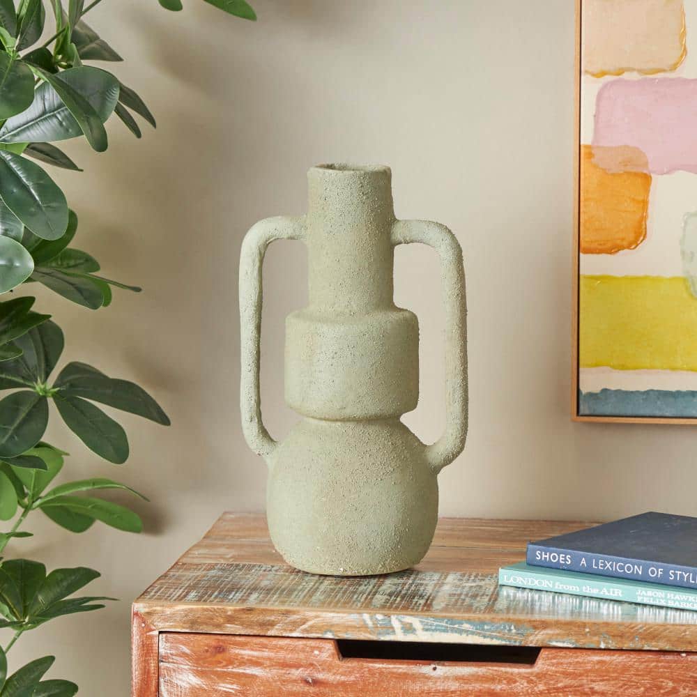 16 in. Light Gray Abstract Textured Paper Mache Decorative Vase with Squared Handles price history on PriceWatchPro