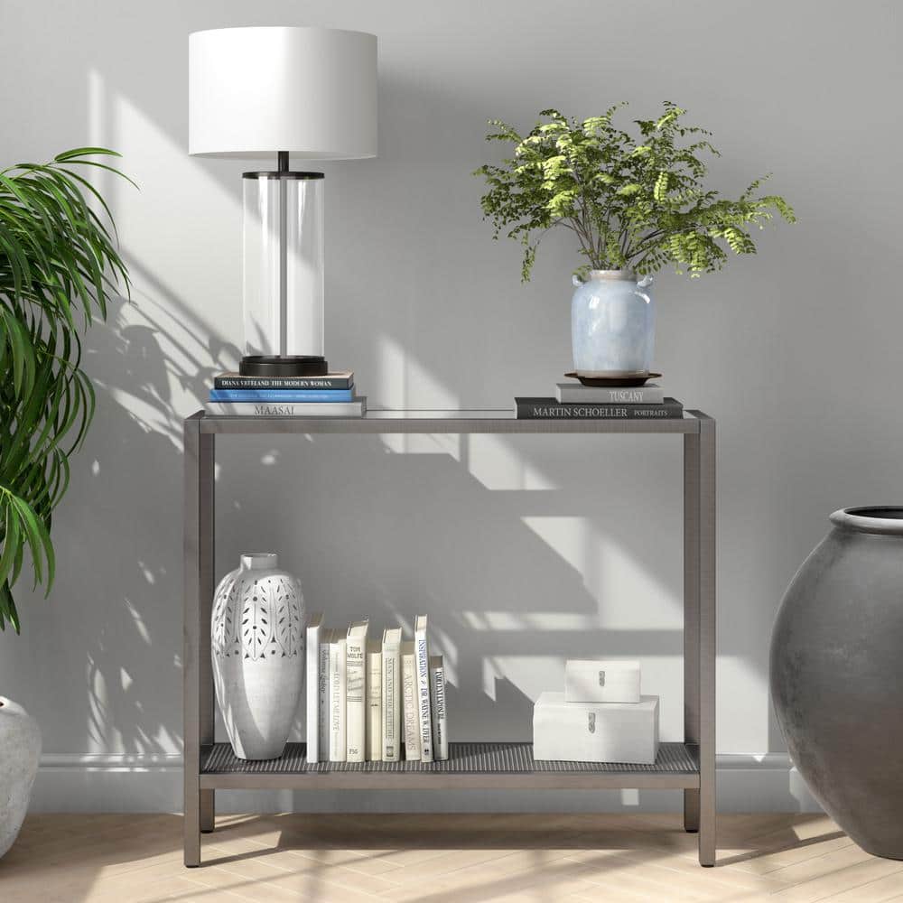 36" Aged Steel and Glass Industrial Hallway Table with Mesh Shelf