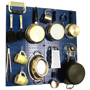 Kitchen Pegboard 32 in. x 32 in. Metal Peg Board Pantry Organizer Kitchen Pot Rack Blue Pegboard and White Peg Hooks