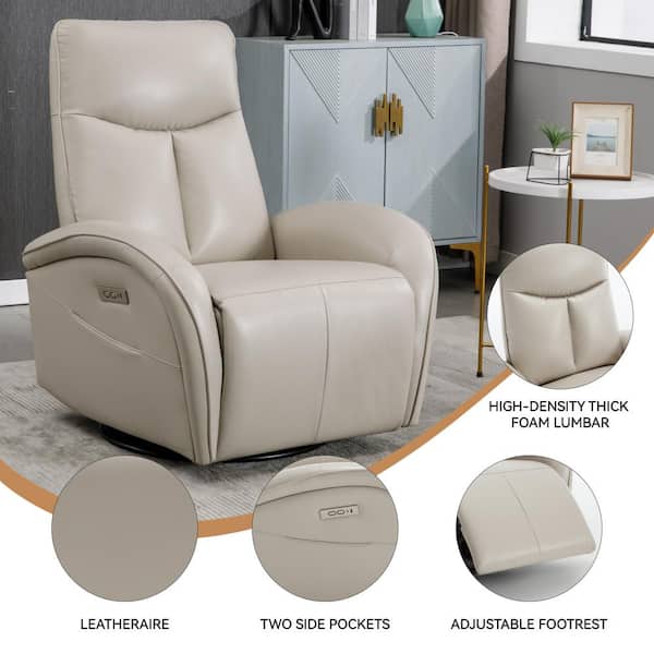 Light Gray Faux Leather Swivel Rocker Recliner with USB and Type-C Ports