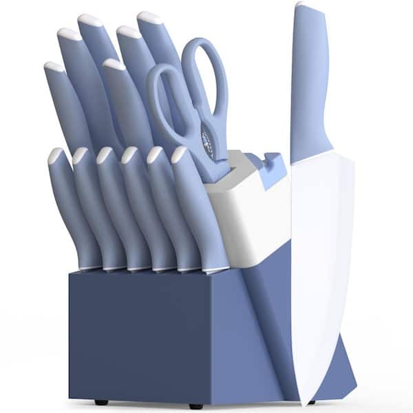 15-Piece German Stainless Steel Ceramic Coating Kitchen Knives Set with Block, Sharpener and Ergonomic Handle, Blue