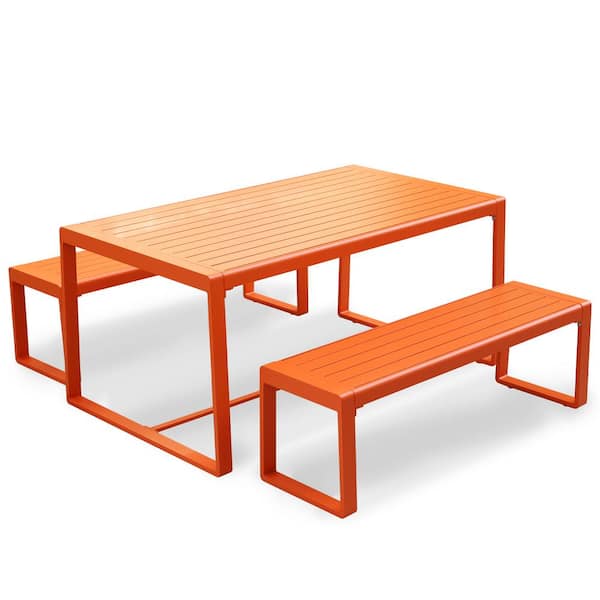 Aoodor Outdoor 3-Piece Aluminum Rectangular Patio Dining Set with 2 Benches - Orange