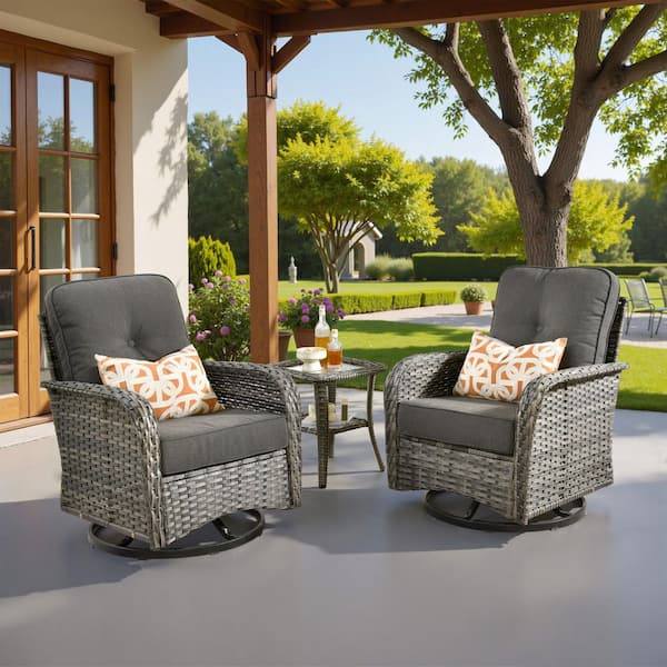 Caodoc Noah Gray 3-Piece Wicker Outdoor Patio Conversation Furniture Set with Swivel Chairs, Side Table, Black Cushions