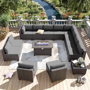 14-Piece Wicker Patio Conversation Set with 55000 BTU Gas Fire Pit Table and Glass Coffee Table and Grey Cushions