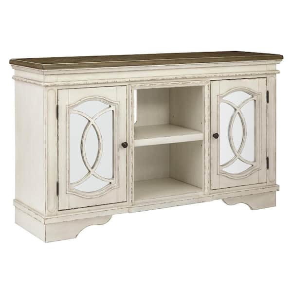 Benjara 62 in. White and Brown Wood TV Stand Fits TVs Upto 58 in. with 6-Shelves