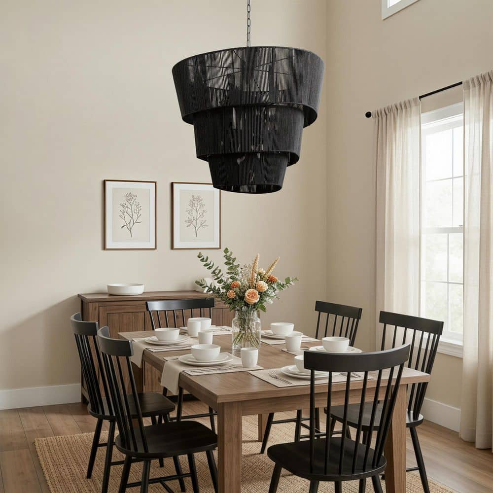 8-Light 30 in. Black Modern Tiered Drum Dimmable Chandelier for Dining Room or Living Room with Black Rope Shade price history on PriceWatchPro