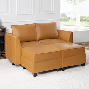 61.22 in. W Faux Leather Straight Arm Loveseat with Double Ottoman for Sectional Sofa in Caramel